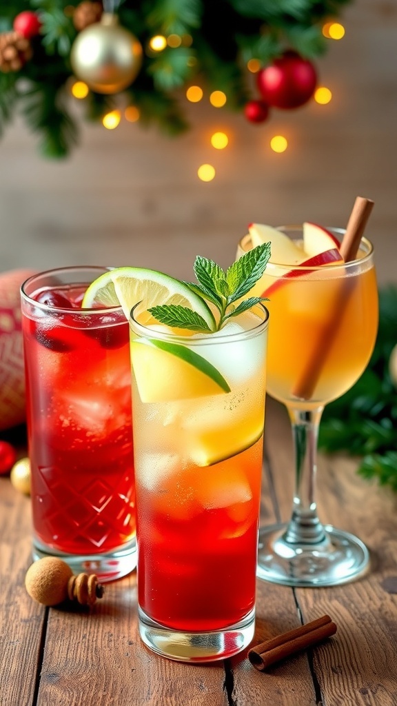Three low-calorie Christmas cocktails: cranberry sparkler, pineapple mojito, and spiced apple cider fizz, on a festive table.